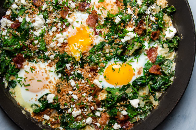 Baked Eggs with Bacon and Chard